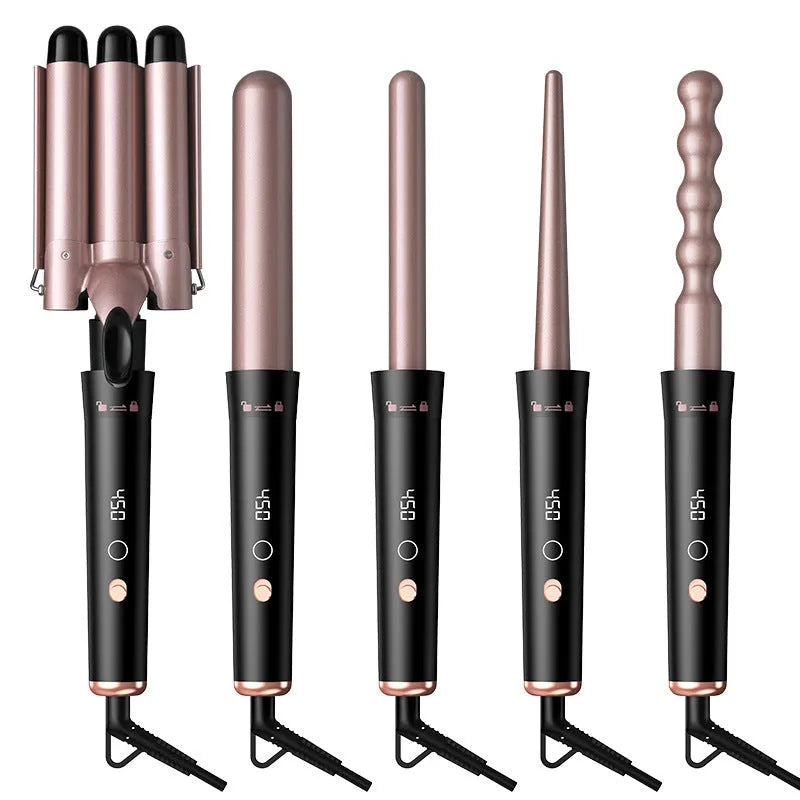 Rose gold five-tube negative ion hair curler with LCD display and protective gloves