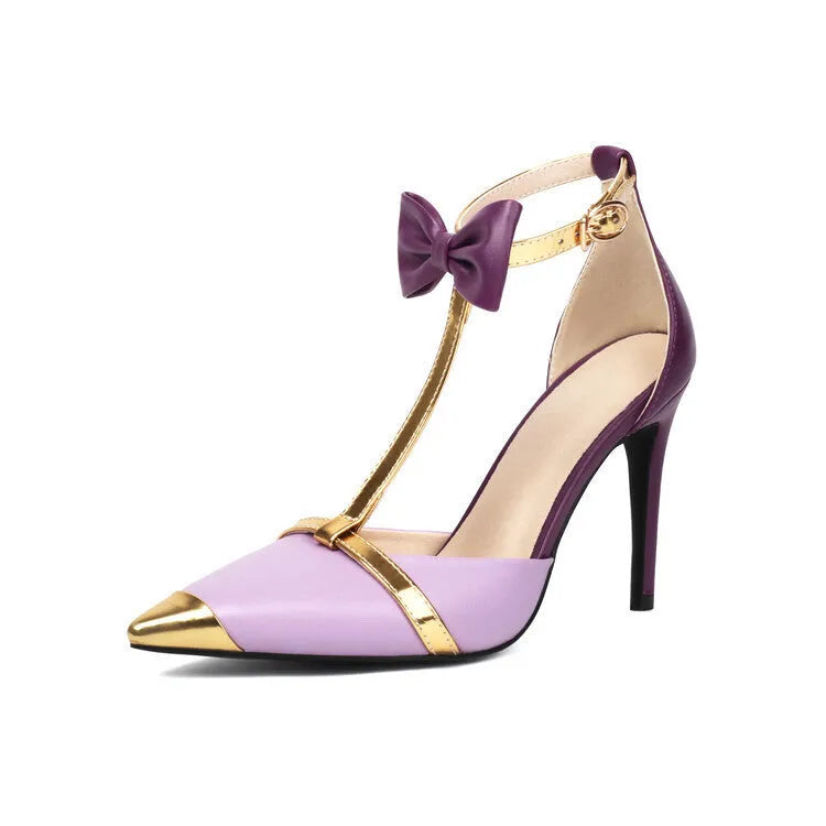 Purple and white plus size women's closed toe high heel sandals with buckle strap.