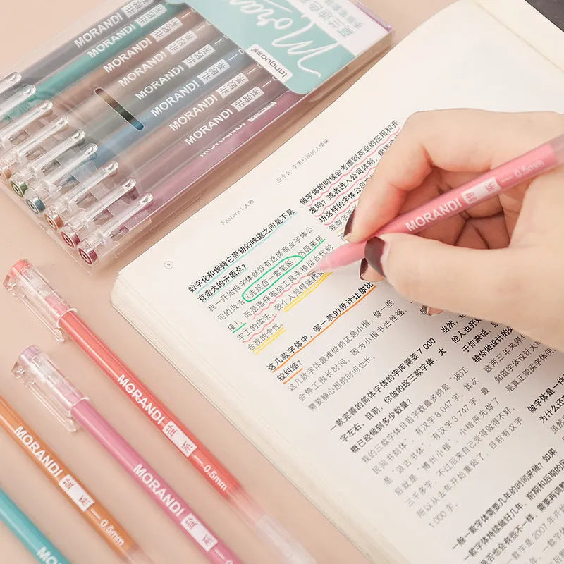 Set of nine retro-style gel pens with 0.5mm needle tips in a cardboard package.