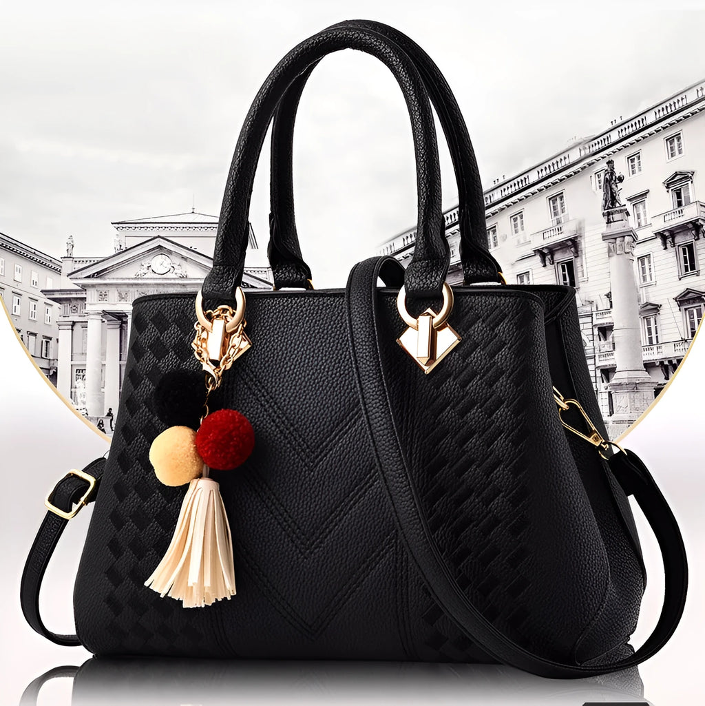 Ladies PU leather handbag 28cm x 12cm x 19cm with zip closure and 14cm handle, shown in available colours