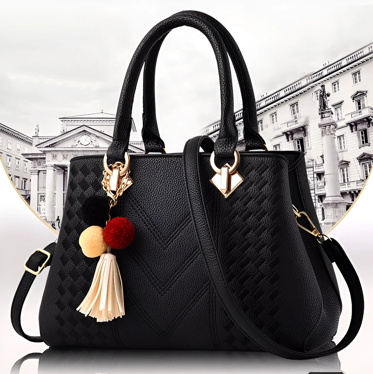 Ladies PU leather handbag 28cm x 12cm x 19cm with zip closure and 14cm handle, shown in available colours