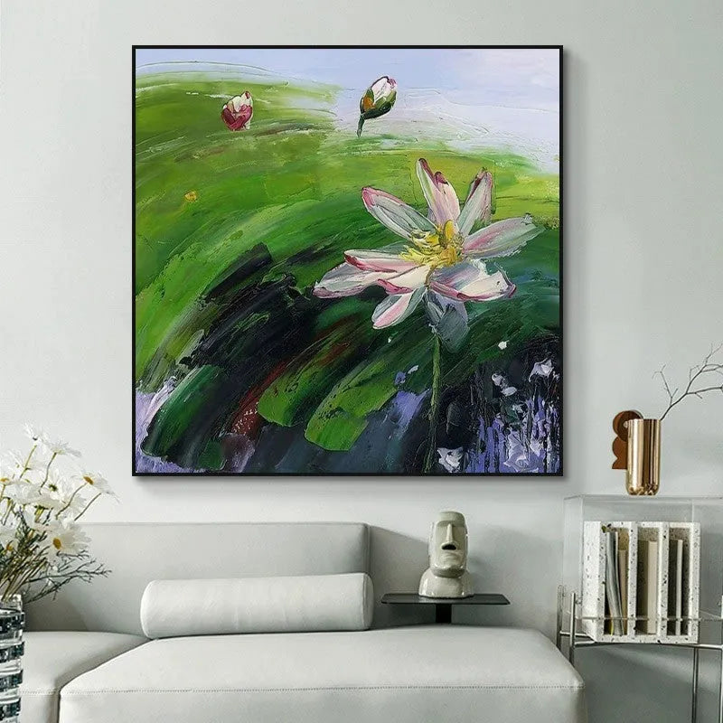 Hand painted square oil painting of a countryside landscape with lotus flowers on canvas, unframed wall art