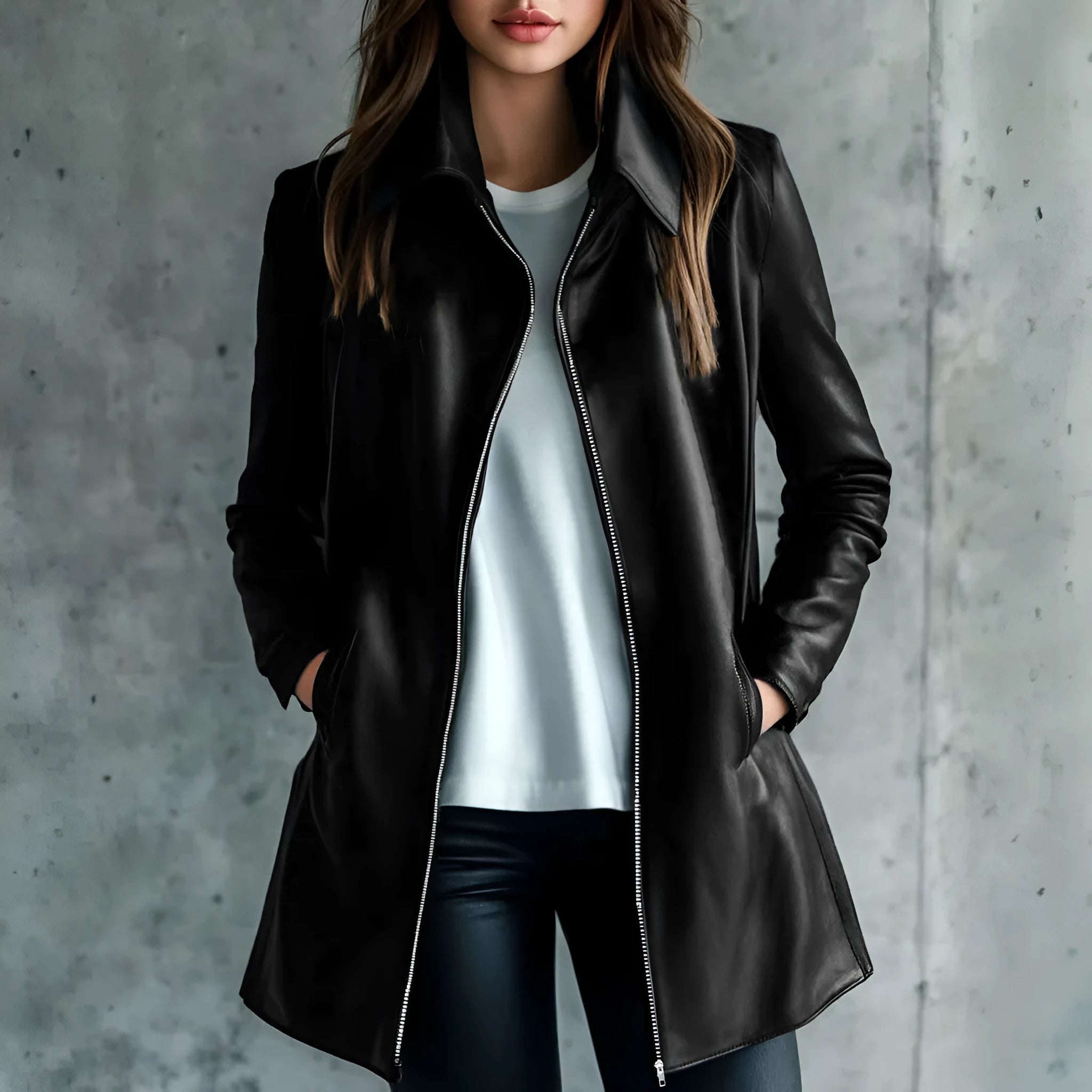 Women's black polyester leather jacket medium length 65cm shown on hanger