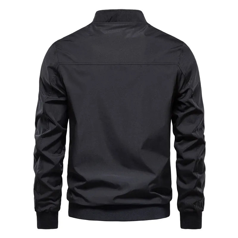 Men's solid colour lightweight polyester casual jacket shown in dark blue, black, or Army Green.