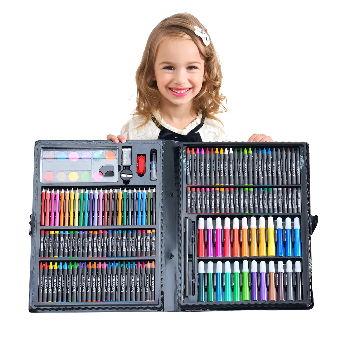 168-piece watercolour pen, oil pastel, and brush painting set in a plastic case, shown in black or pink