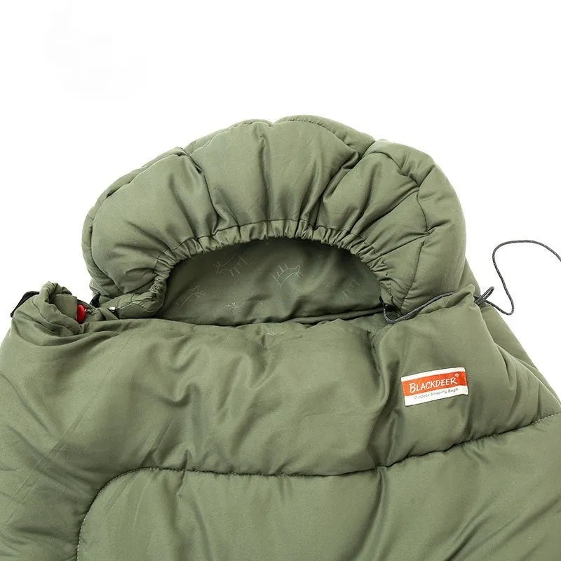 Outdoor cotton sleeping bag quilt shown in ochre and olive green colours, folded to show its ultra-light portable design.