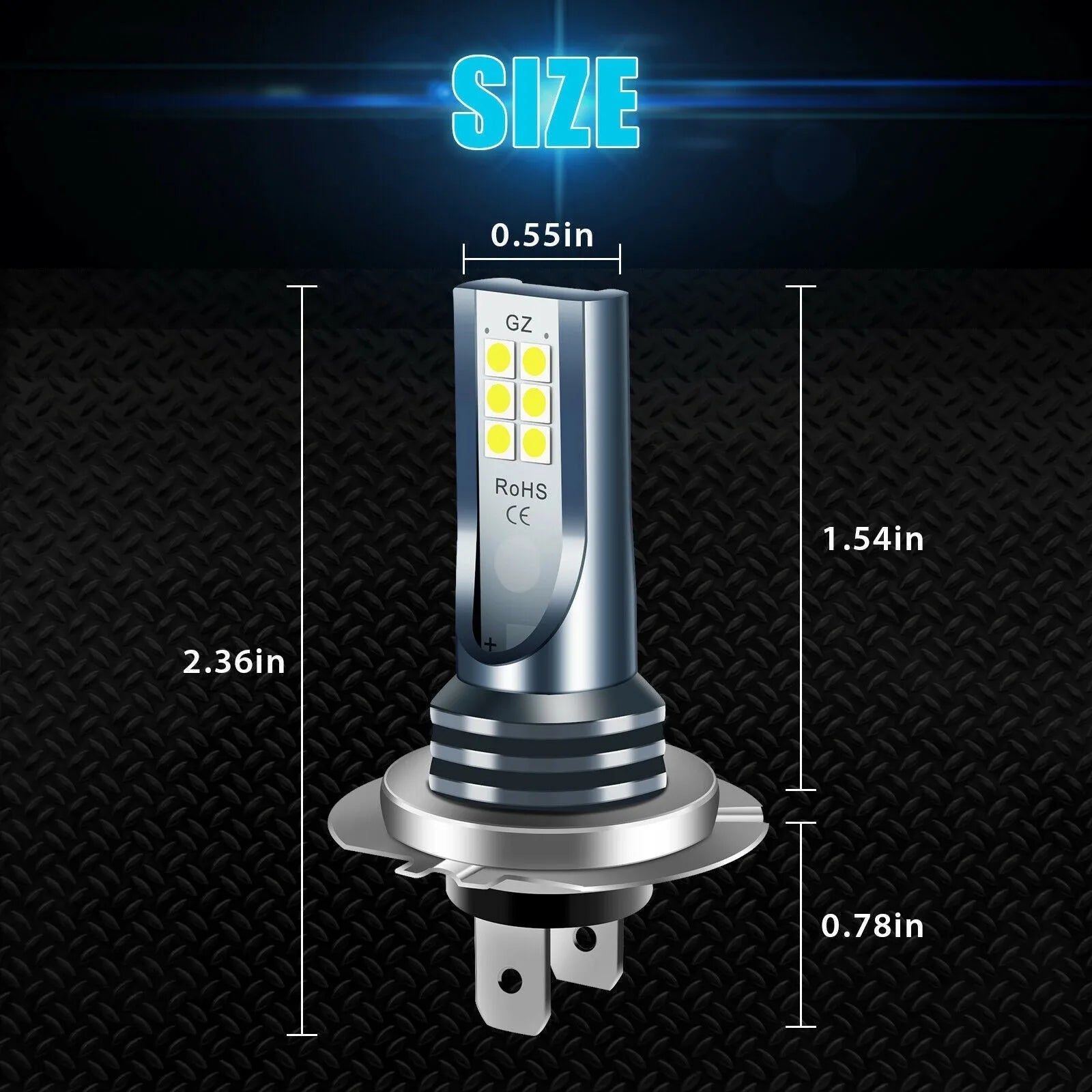 Pair of aluminium LED fog light bulbs for cars with H7 9005 H11 connectors, showing 12 SMD chips.