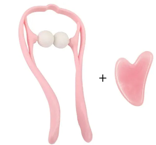 Blue plastic handheld neck and shoulder massager with adjustable stand and removable soft head on a white background.