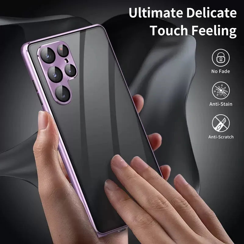 Black metal Samsung phone case with a mirrored front and a visible circular magnetic ring on the back.