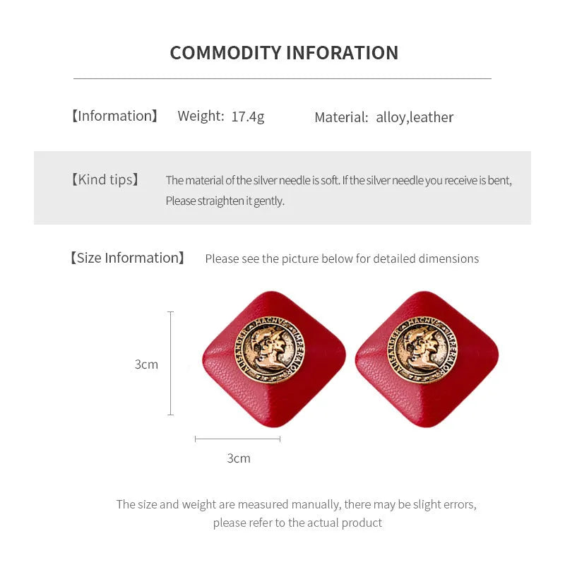 Red diamond-shaped faux leather portrait earrings with silver needle and electroplated alloy, geometric quadrilateral design for women