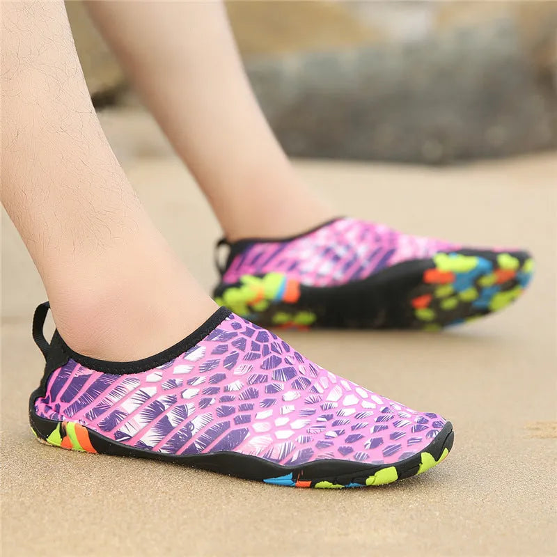 Lycra beach wading shoes in blue, black, pink, purple and camouflage colours for water activities