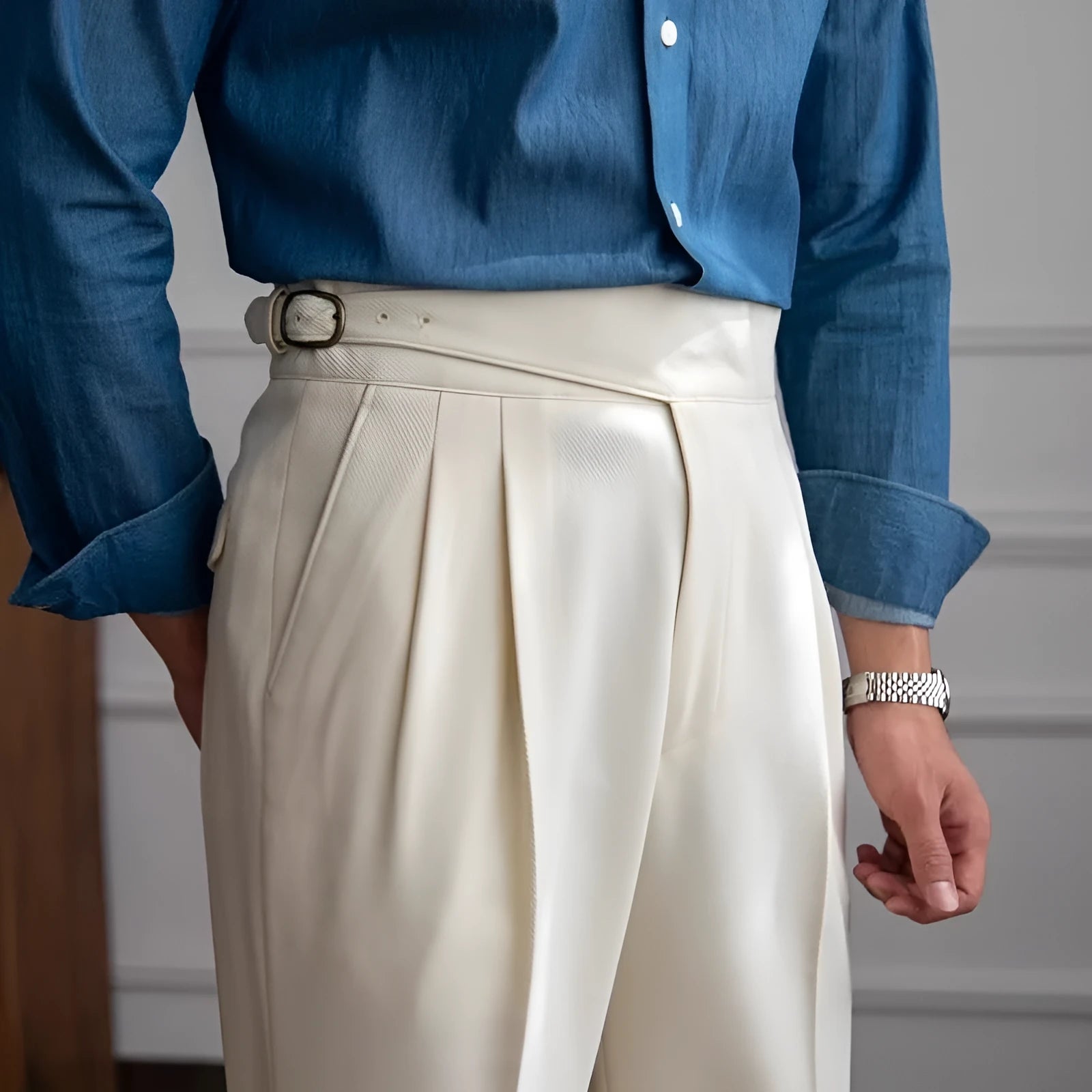 Men's high waist straight leg casual trousers in polyester available in four colours