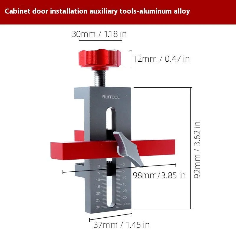 Aluminium alloy cabinet door installation aid tool for woodworking with 10mm drill bit.