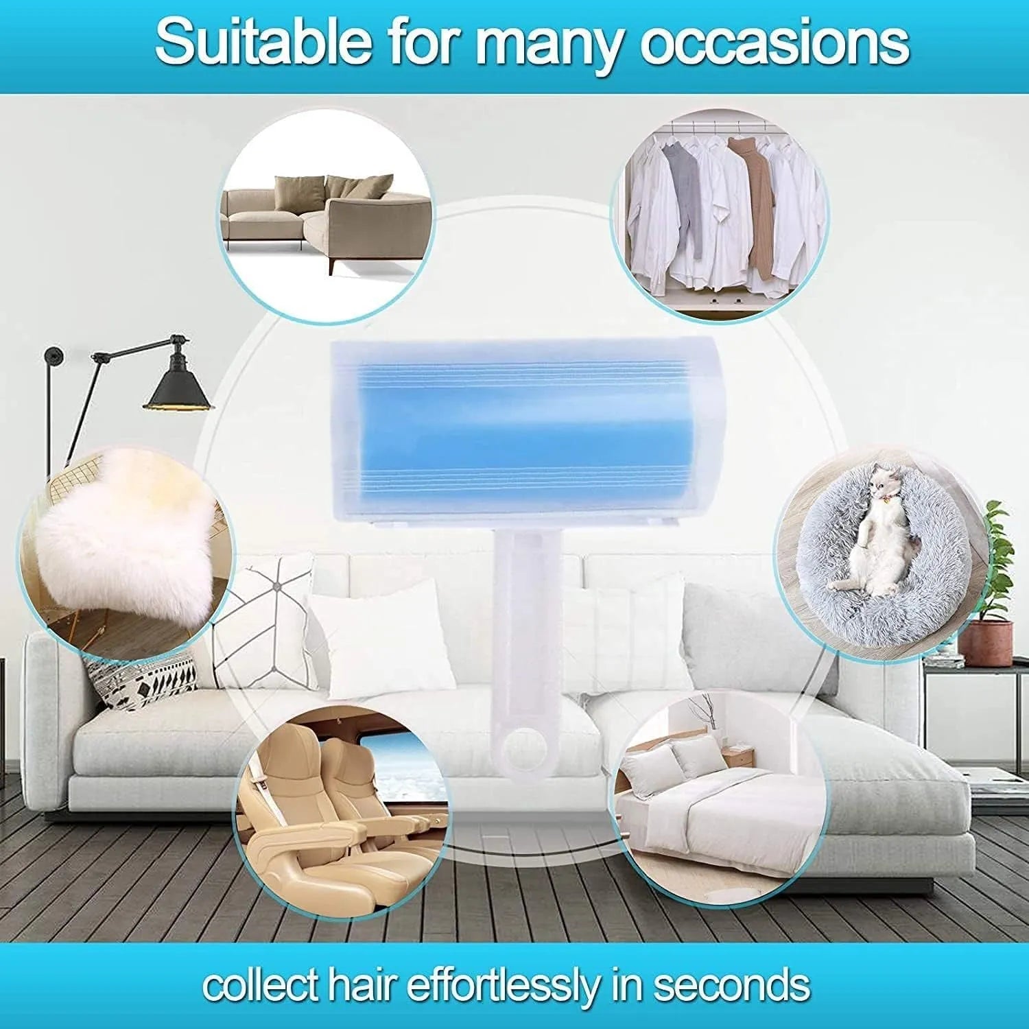 Washable reusable lint roller for removing pet hair from fabrics, shown with protective cover in blue, green, pink or yellow.