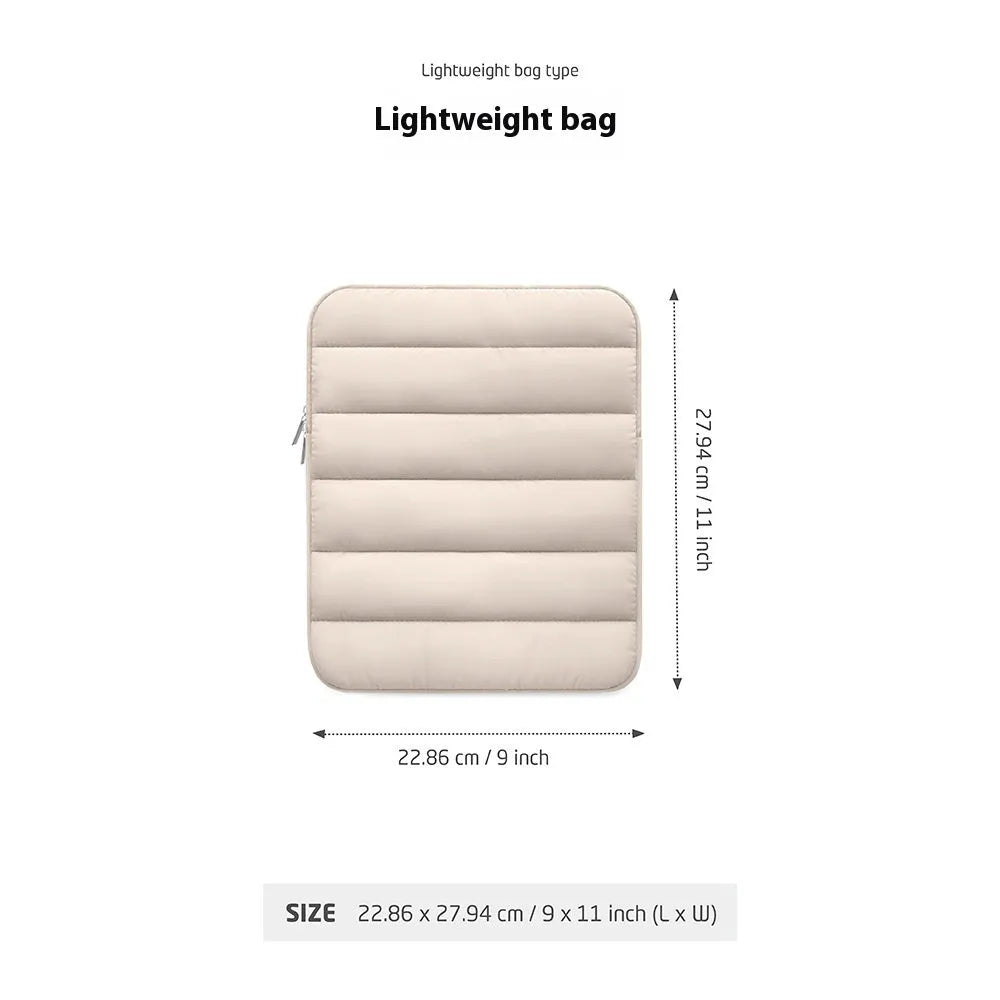 Puff bag laptop sleeve for 9.7-11 inch devices in black, khaki, or silver with elastic sides