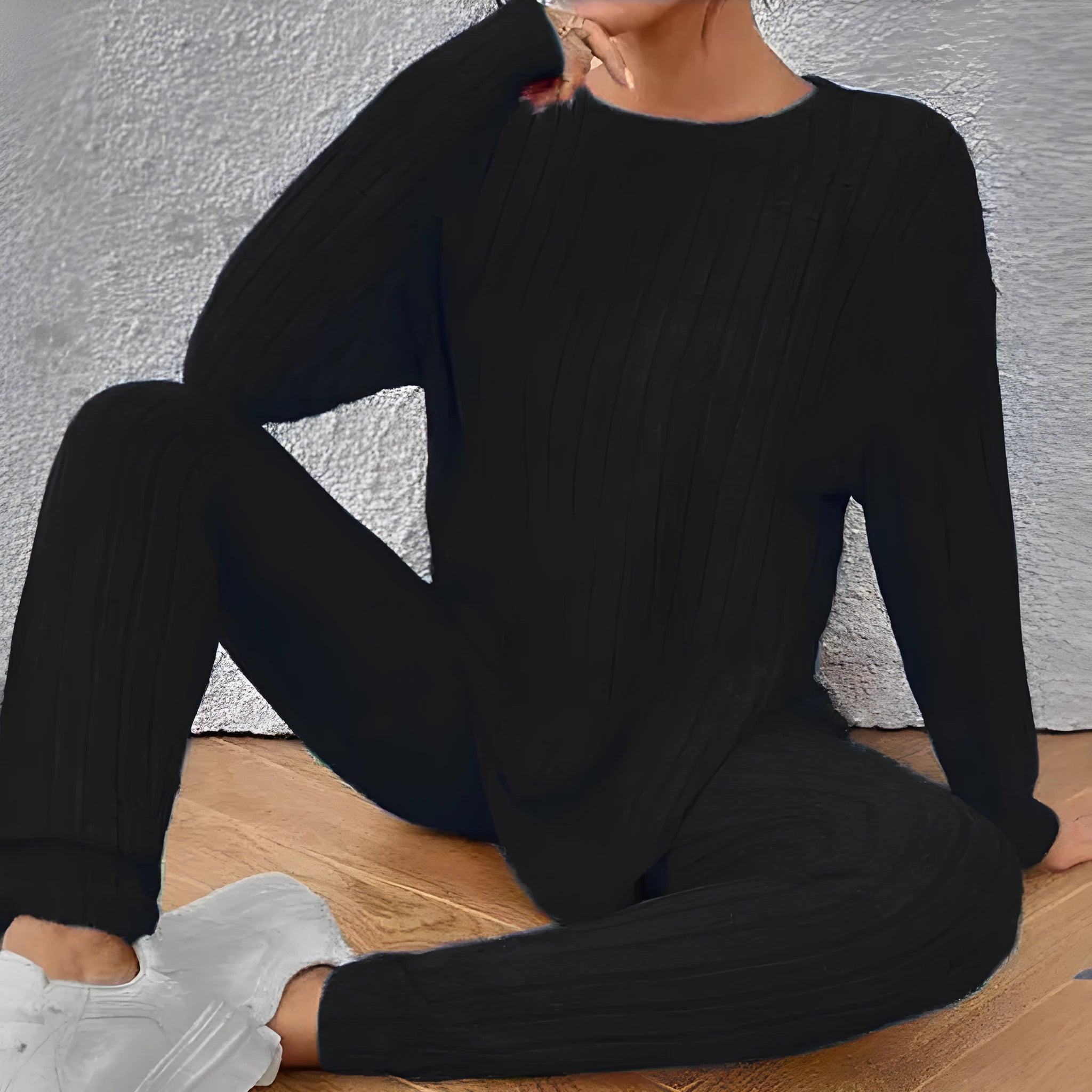 Sunken stripe design two-piece homewear set in polyester fabric available in black and blue colours