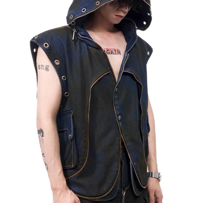 Blue Korean style hooded denim vest and matching trousers set with front zipper closure