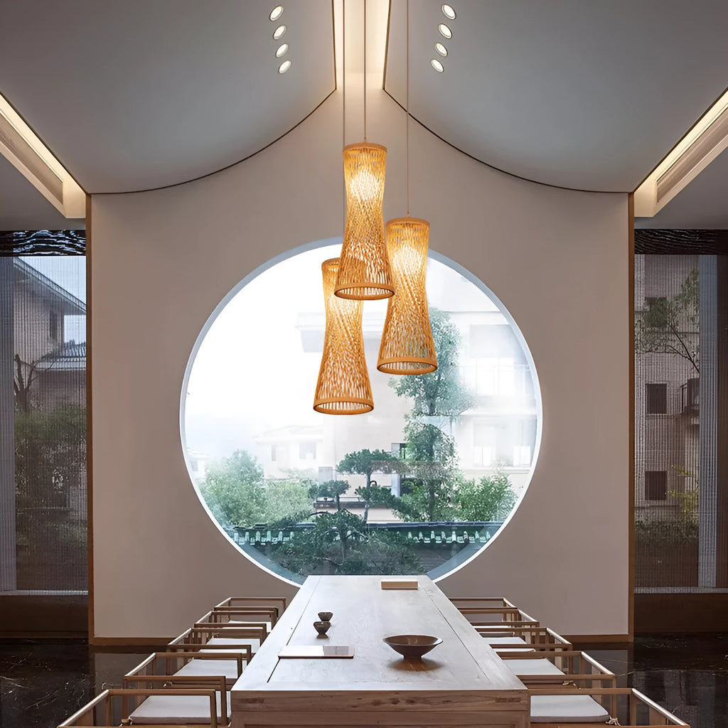 Japanese new Chinese style bamboo artwork chandelier, 220V suspension wire pendant with 17cm white or black accessory and black disc or 70cm straight plate options