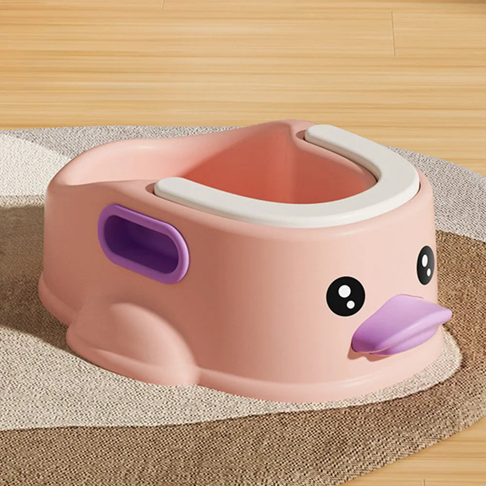Blue duck-shaped PVC plastic bathtub for small dogs and cats on a bathroom floor.