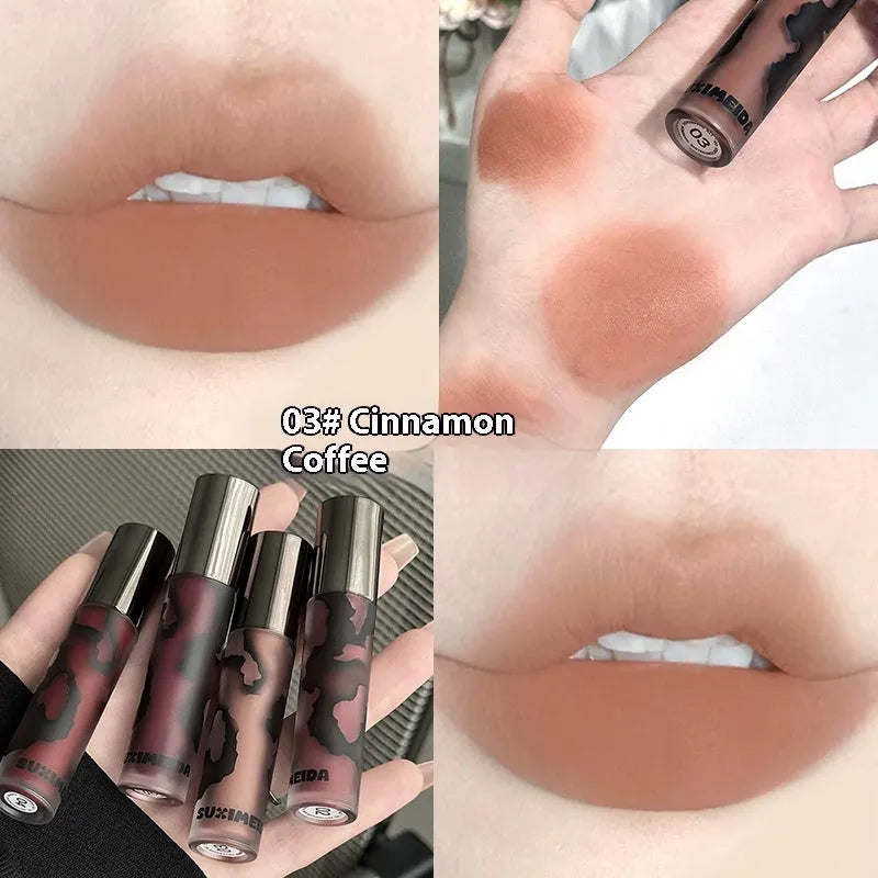 Lava Secret Matte Lip Mud Lipstick in five colours: Orange Brown Coffee, Cool Gray, Cinnamon Coffee, Jujube Red, Smoked Purple.