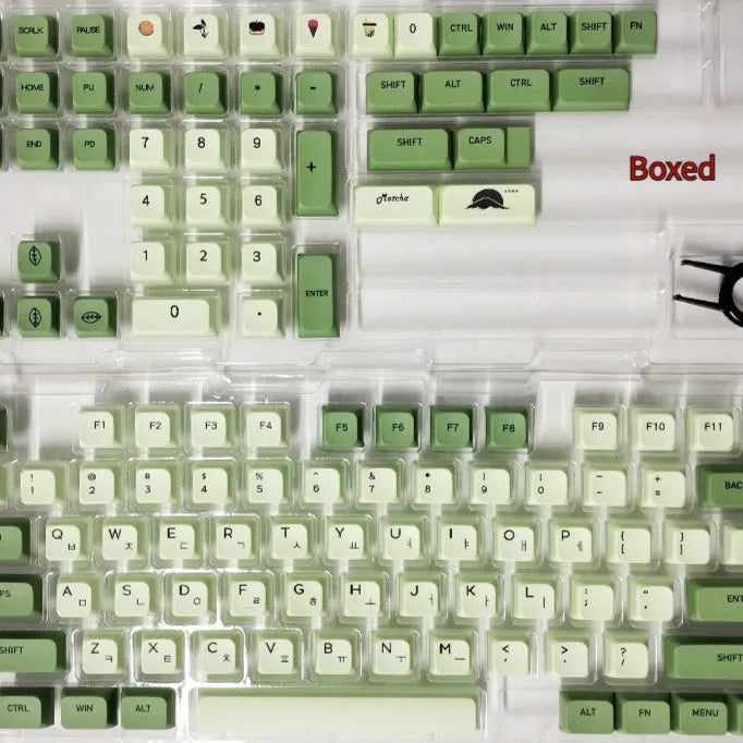 Matcha coloured PBT keycap set with 124 keys showing multiple language legend options