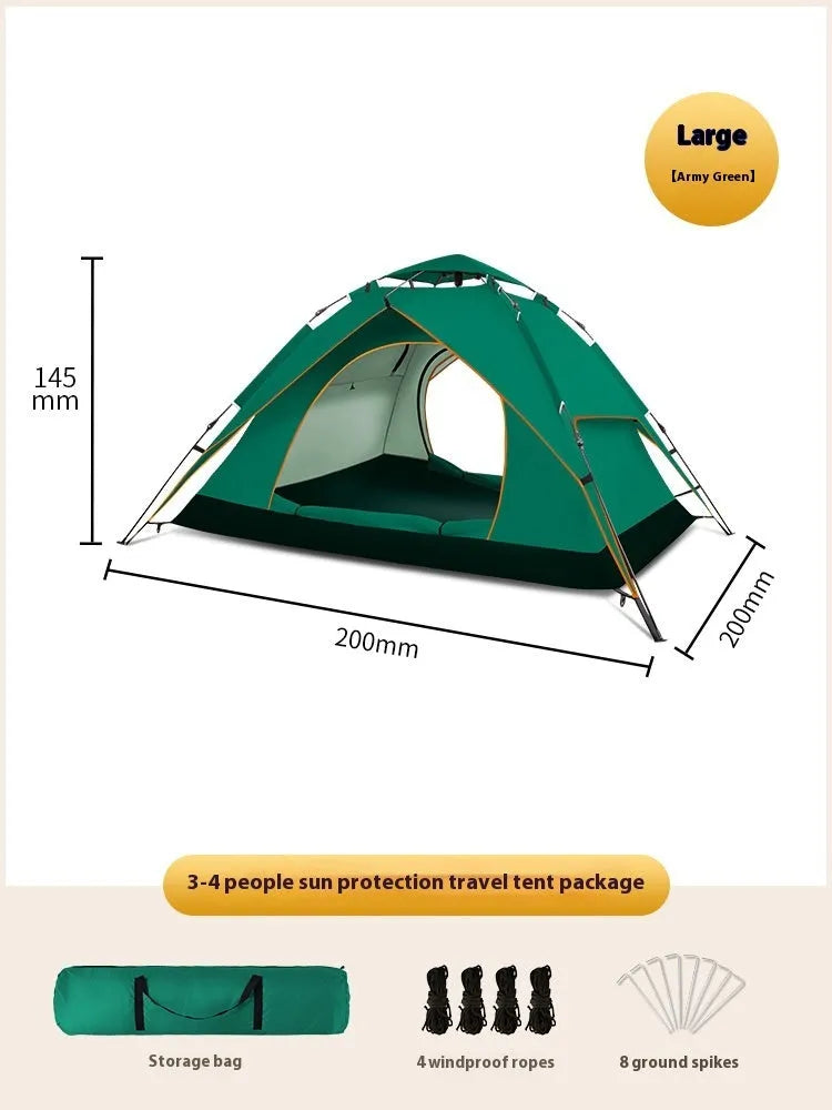 Milky white double-layer Oxford cloth camping tent for 3-4 people with pyramid shape and automatic telescopic rod bracket