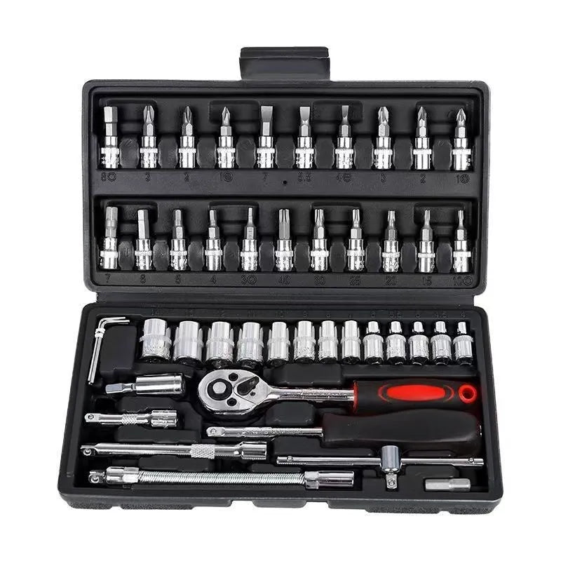 53-piece socket wrench ratchet spanner set in red and black storage box for home hardware repair