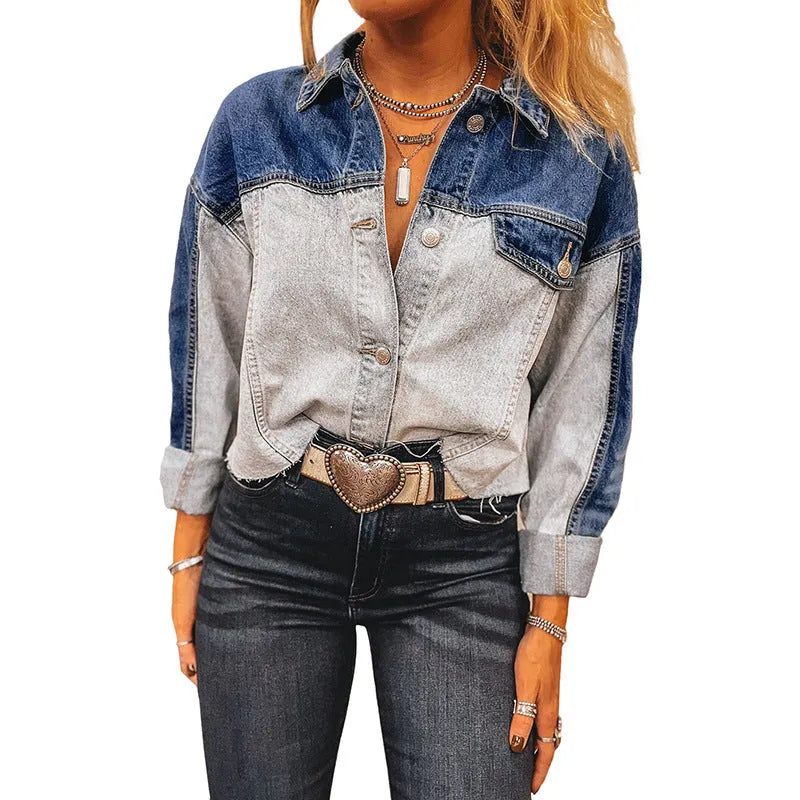 Women's loose fit denim coat with multiple buckle fastenings in single row arrangement