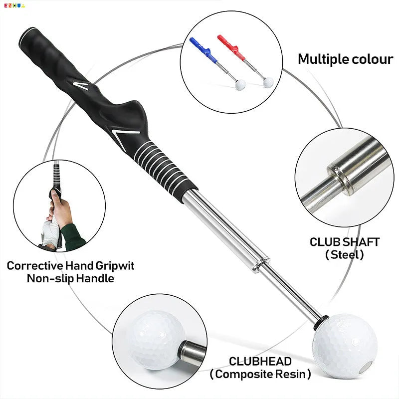 Telescopic stainless steel golf swing simulator with trainer, shown in black, blue, and red colour options.
