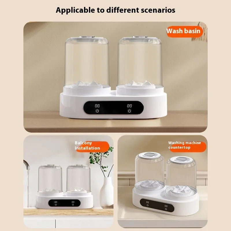 White Double Bucket Laundry Cup mini washing machine with USB cable and two separate washing tubs.