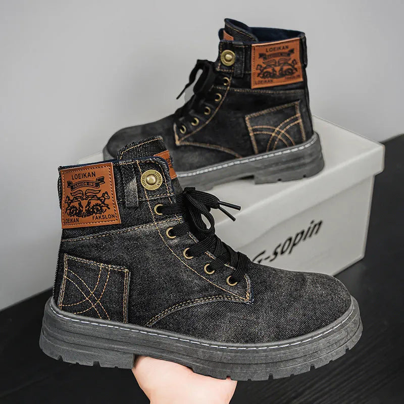 Plus size men's mid-top canvas Martin boots in black with round toe and PVC sole