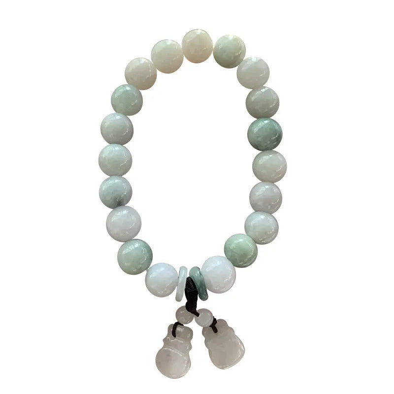 Natural jade hanging bracelet with geometric shape showing six colour and design variations.