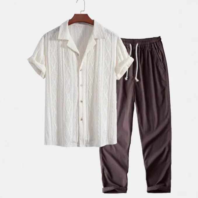 Men's slim fit camouflage print casual suit set with short sleeve shirt and trousers