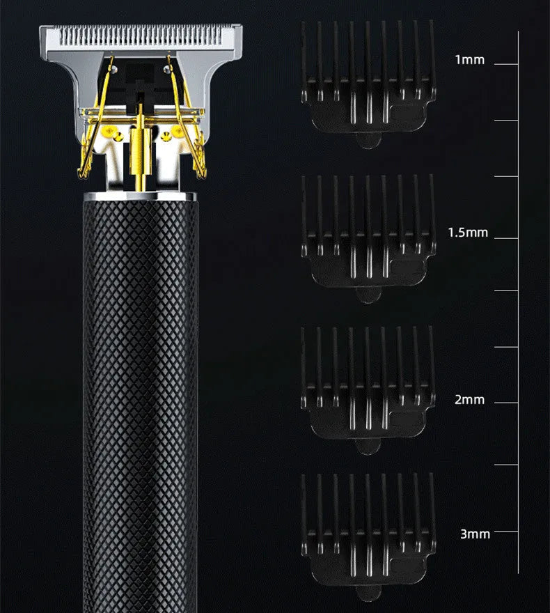 Black rechargeable electric hair clipper with four comb attachments and a cleaning brush.
