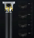 Black rechargeable electric hair clipper with four comb attachments and a cleaning brush.