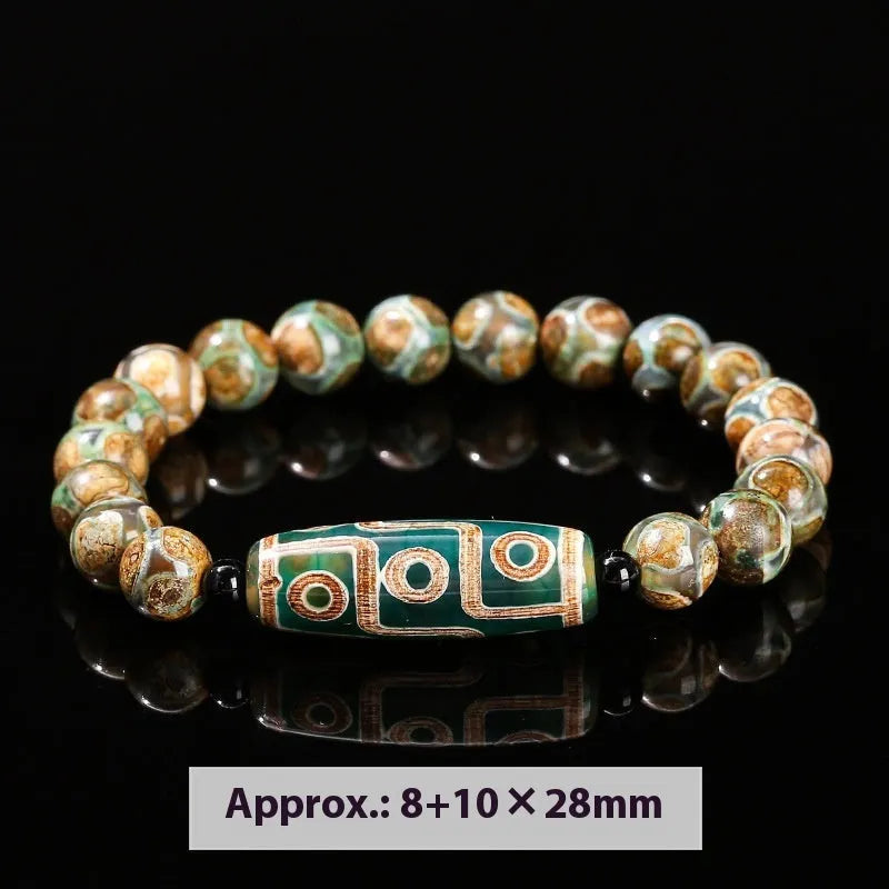 Handmade dzi bead bracelet with 8mm barrel beads in green, unisex geometric design.