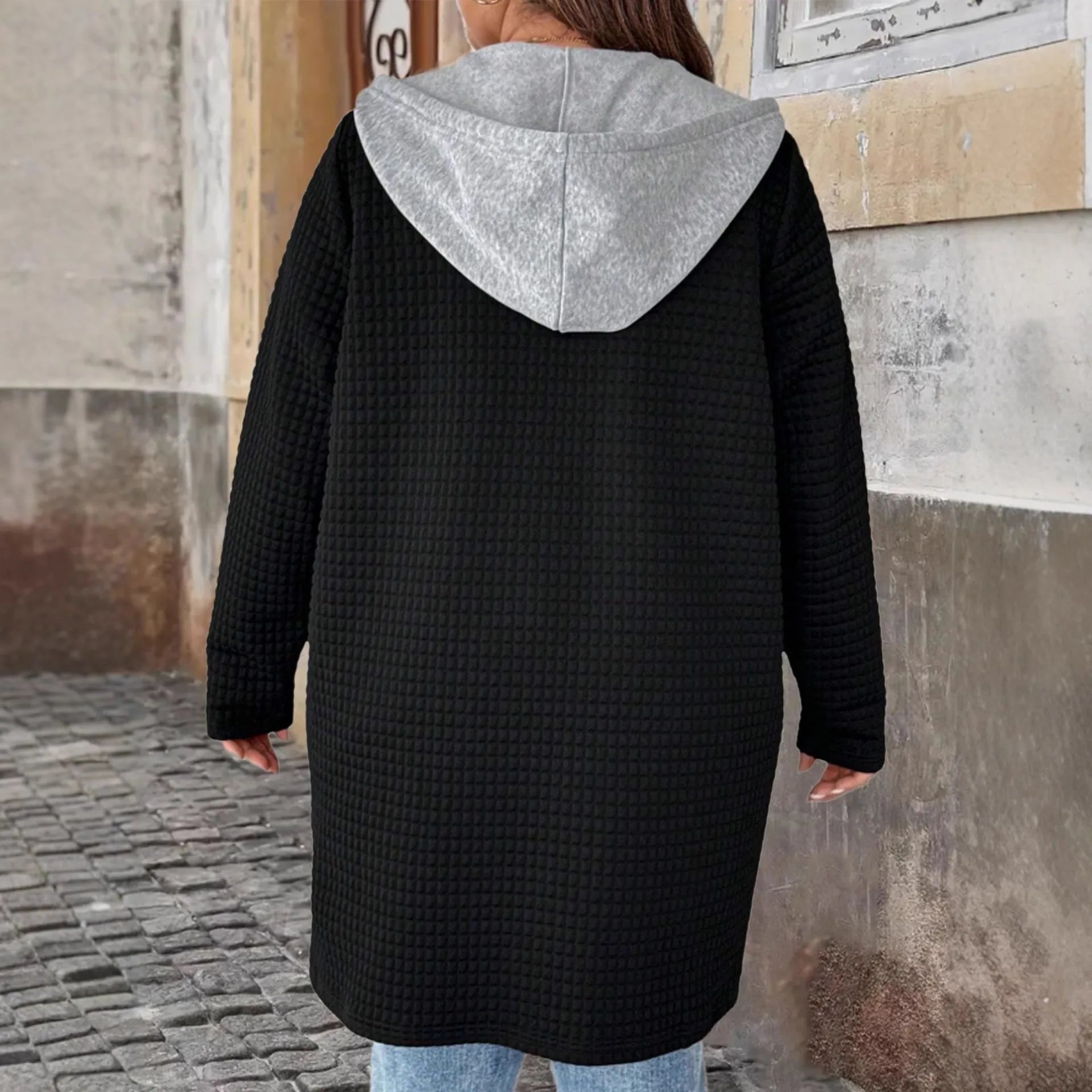 Women's hooded pocket cardigan jacket without buckle, loose fit, solid colour black, thin polyester spandex fabric
