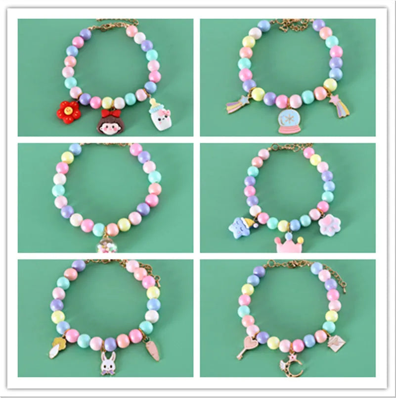 Colourful macaron-themed pet collar, necklace, and bracelet set in resin with adjustable sizing.