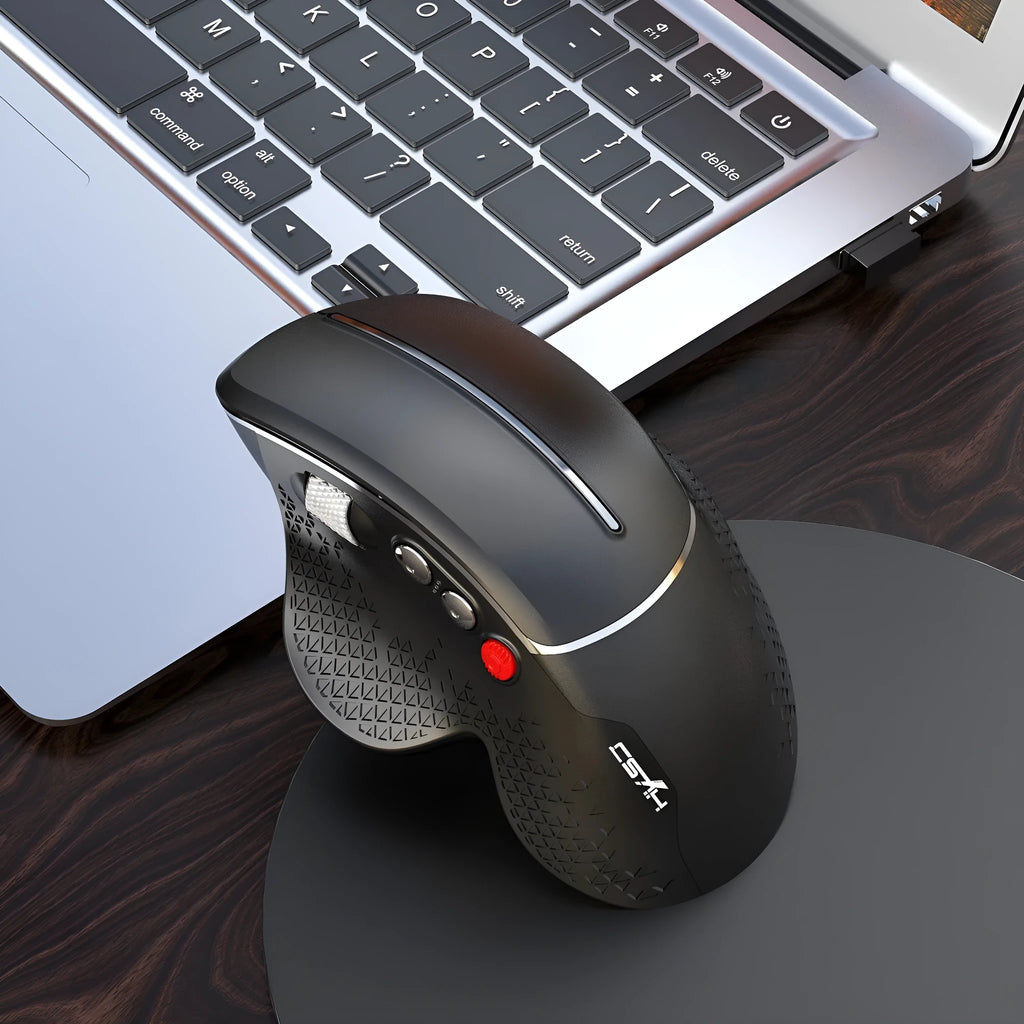 T32 wireless vertical ergonomic mouse in black or silver matte finish with aluminium side roller.