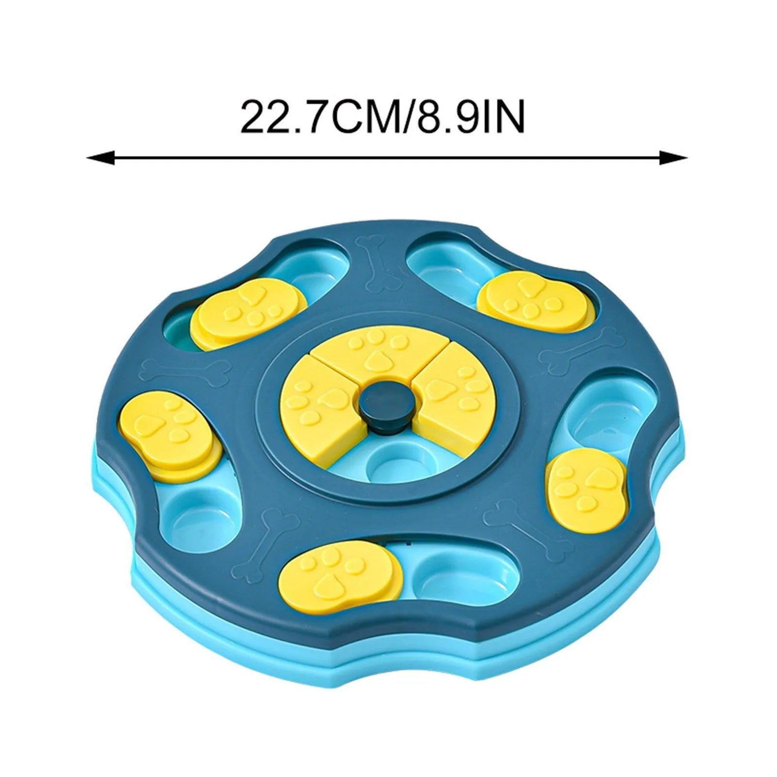 Blue dog puzzle feeder bowl with interactive game elements for slowing down fast-eating dogs