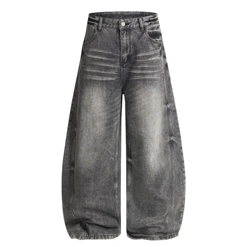 Men's denim straight leg jeans in black and gray washed finish with zip fly