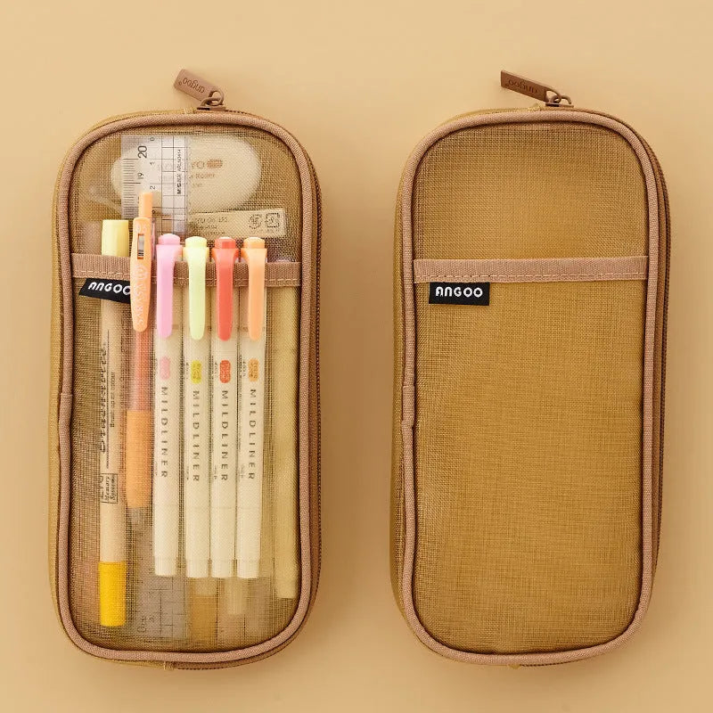 Square mesh pen case in transparent solid colour, stationery storage bag with medium to soft hardness