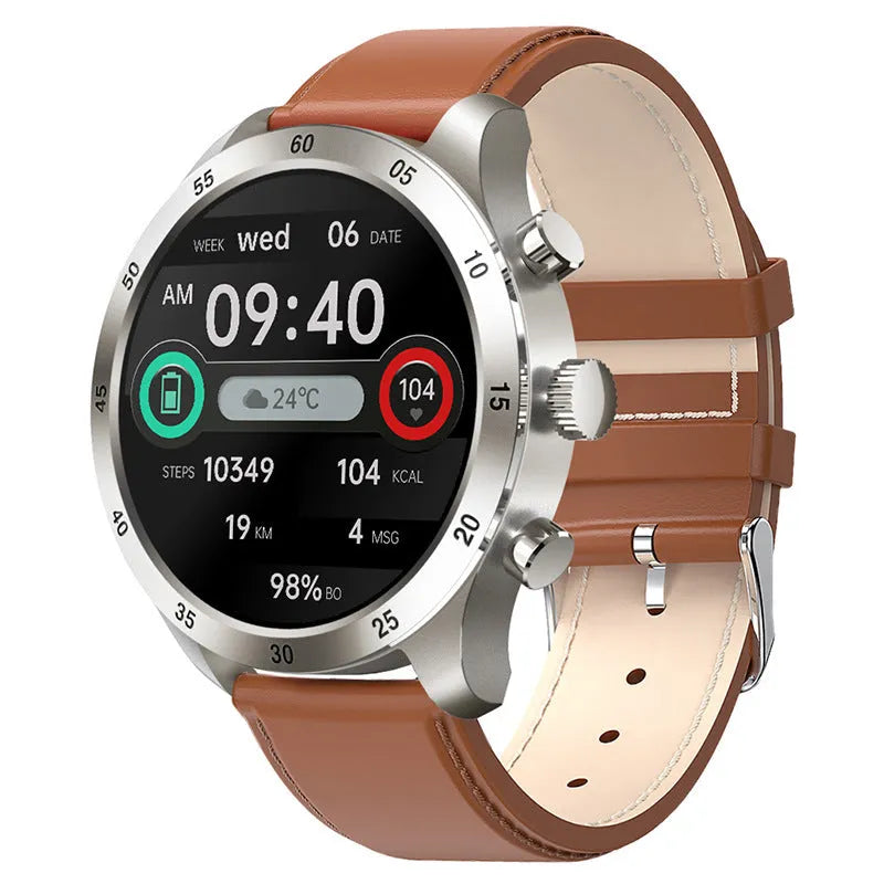 Black Bluetooth smart watch with touch screen displaying heart rate, on a grey silicone strap.