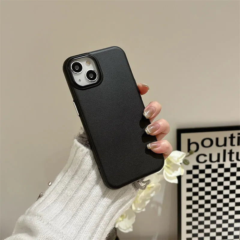 Imitation leather phone case for iPhone 15 Pro Max in solid black colour with embossed texture and protective edge