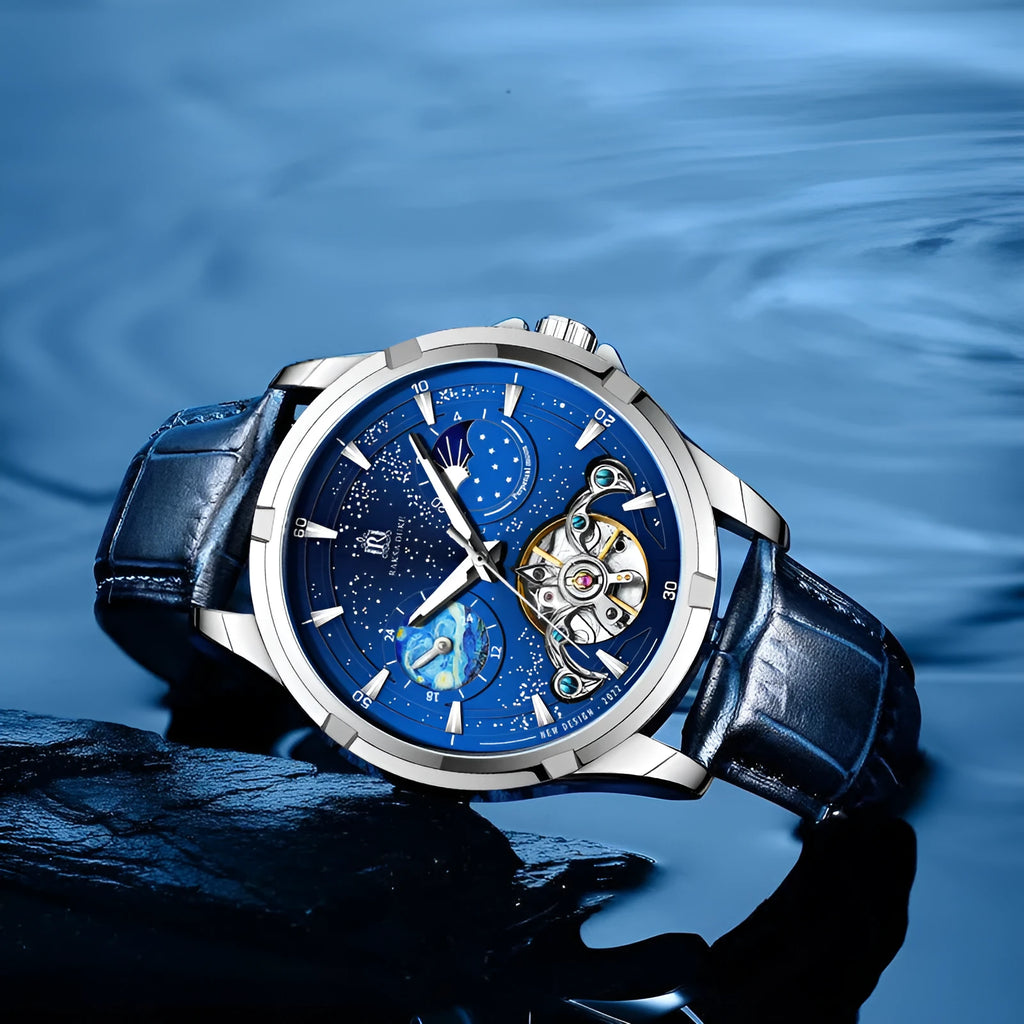 Men's automatic mechanical watch with blue dial and stainless steel case.