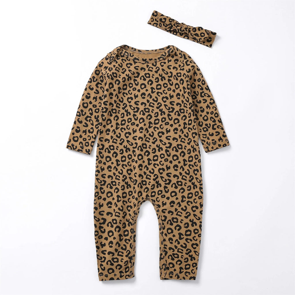 Brown leopard print cotton long-sleeved baby jumpsuit with matching headband, neutral unisex style