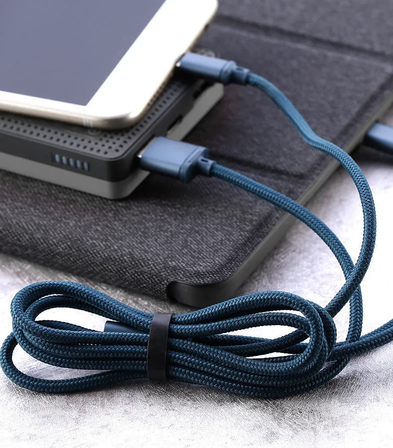 One For Three braided charging cable with USB, Micro USB, and Type-C connectors, 1.15m, black