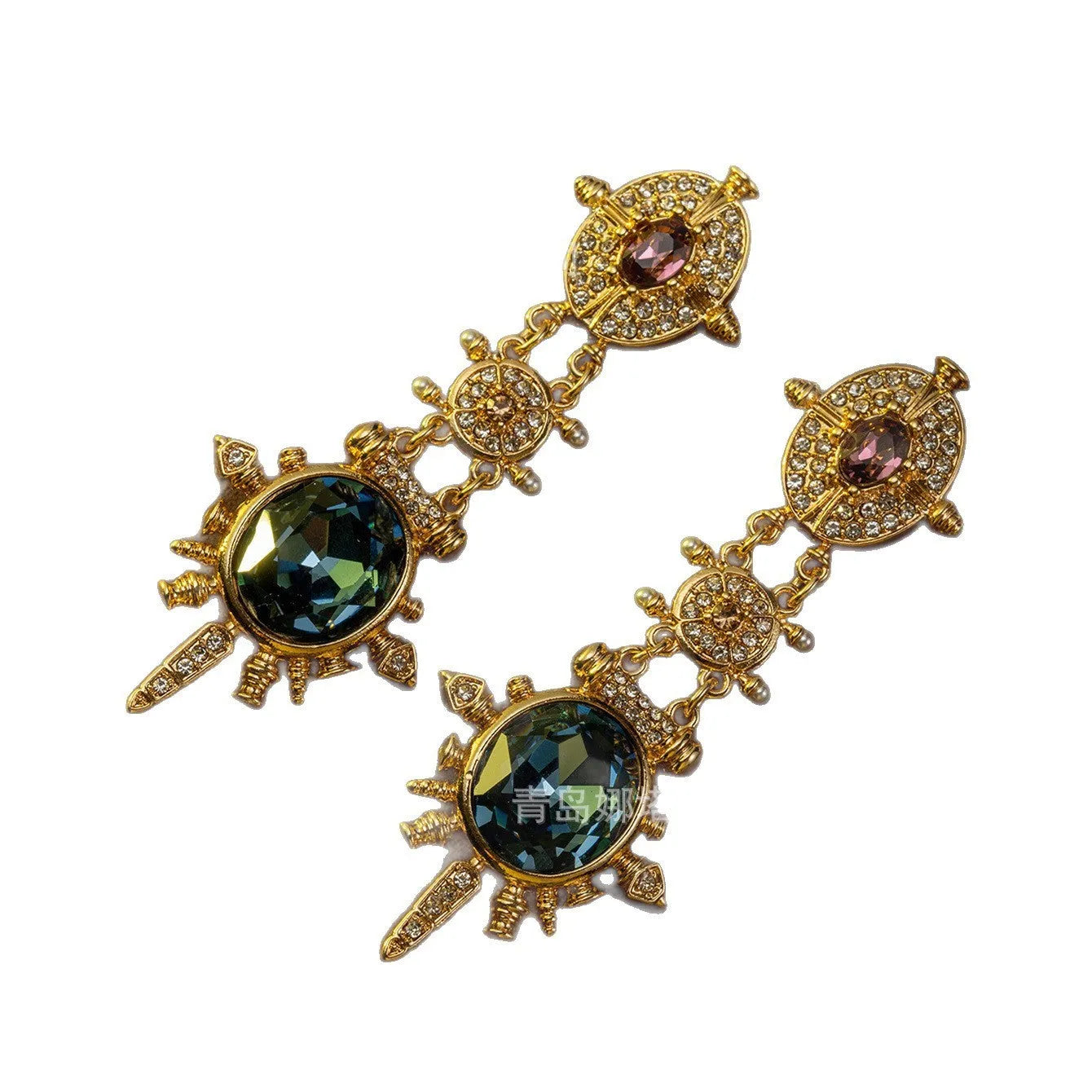 Gold retro geometry stud earrings with diamond cut treatment on alloy material
