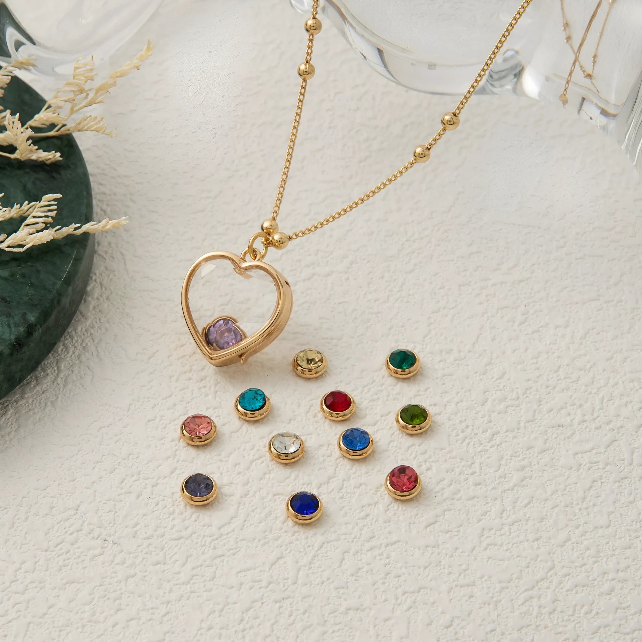 Heart-shaped copper glass box pendant necklace with O-ring chain and monthly birthstone colour insert