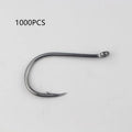 Bulk pack of alloy carbon steel barbed fishing hooks with a hole ring, suitable for rock and sea fishing.